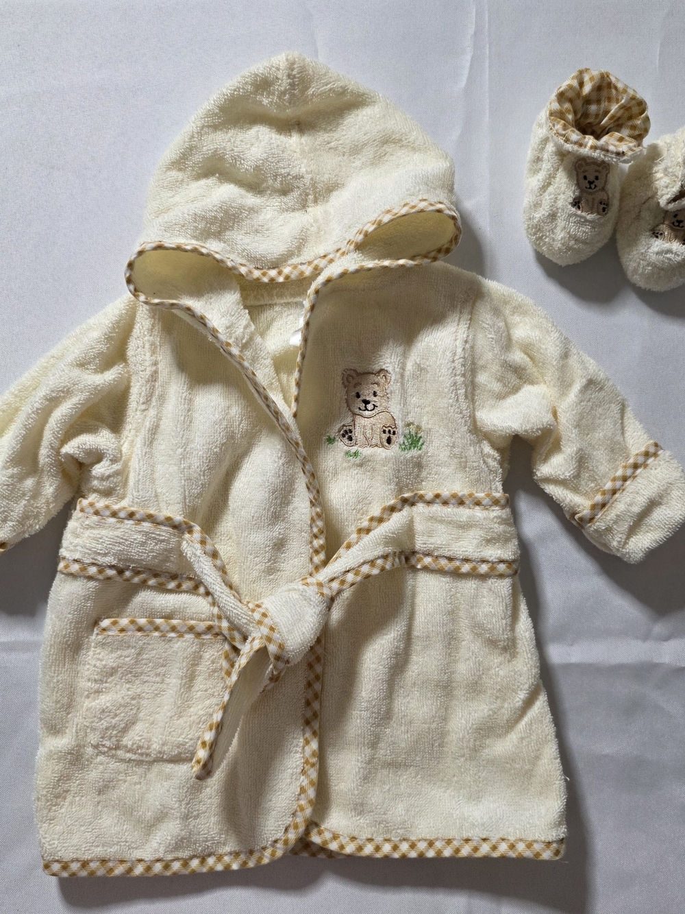 Cream Hooded Baby Robe with Bear Embroidery - Kids Pajamas